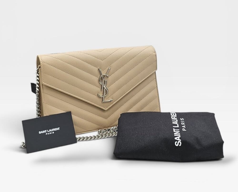 Beige Monogram Envelope Chain Wallet WOC Grain de Poudre Leather